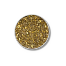 A round container of Bourbon Barrel Foods Bourbon Smoked Garlic Salt, filled with coarse golden-brown crystals, viewed from above on a white background.