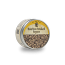 Bourbon Barrel Foods Bourbon Smoked Pepper comes in a round tin with a yellow and white label, black text, and a small logo on the lid. The container holds coarse, cracked Malabar pepper with bold bourbon-infused smoked flavor.