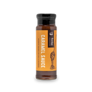 A glass bottle of Bourbon Barrel Foods Bourbon Smoked Sea Salt Caramel Sauce, with a black cap and orange label, features an illustration of caramel drizzle—ideal for those who love rich caramel flavors and bourbon smoked sea salt.