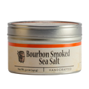 Bourbon Barrel Foods Bourbon Smoked Sea Salt comes in a 5 oz (142 g) round metal tin with an orange and cream label featuring a barrel. This handcrafted salt adds rich smoky flavor to any dish.