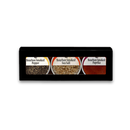 The Bourbon Barrel Foods Bourbon Smoked Spice 3-Pack Gift Set includes tins of Bourbon Smoked Pepper, Sea Salt, and Paprika by Bourbon Barrel Foods in a black box with clear lids revealing bourbon barrel smoked spices.