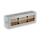 The Bourbon Barrel Foods Bourbon Smoked Sugars Trio – Orange, Vanilla & Cinnamon comes in a white box with a clear window displaying three gourmet finishing sugars, perfect for elevating desserts with unique bourbon smoked flavors.