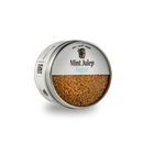 A round metal tin of Bourbon Barrel Foods Mint Julep Sugar, with black and teal labeling and a bourbon glass illustration, sits on a white background—the perfect sweetener for mint cocktails.