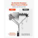 Comparison image: the left side (Vevor Bristle Free Stainless Steel BBQ Grill Brush and Scraper, 17-Inch) stays intact, while the right side (Others) shows bristle shedding and bending under high heat.