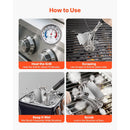 Use the Vevor Bristle Free Stainless Steel BBQ Grill Brush and Scraper (17-Inch) for easy cleaning: heat grill 15 min, scrape grates, wet brush often, and scrub between bars for a thorough clean.