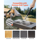 Outdoors, a person uses the Vevor Bristle Free Stainless Steel BBQ Grill Brush and Scraper (17-Inch) to clean a grate. Text: Compatible with various grill types—ceramic, stainless steel, porcelain, and cast iron (not for mesh grills).