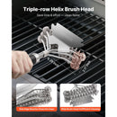 A hand uses the Vevor Bristle Free Stainless Steel BBQ Grill Brush and Scraper (17-Inch) with a triple-row helix head and side bristles to deeply clean grill grates, aided by labeled measurements for effective cleaning.