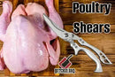 A pair of Butcher BBQ 4" Stainless Steel Poultry Shears with Stainless Handle rests beside a raw whole chicken on a wooden surface. The text "Poultry Shears" and the Butcher BBQ logo are displayed on the image.