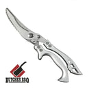 The Butcher BBQ 4" Stainless Steel Poultry Shears feature a serrated blade and ergonomic stainless handle, perfect for poultry prep. A meat cleaver Butcher BBQ logo appears in the bottom left corner.