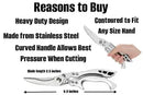 The Butcher BBQ 4" Stainless Steel Poultry Shears with Stainless Handle are shown open and closed. Heavy duty, high-carbon stainless steel blades, contoured grip, 4-inch blade, and 9.9-inch total length make them ideal for poultry prep.