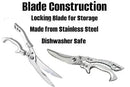 Two images of Butcher BBQ 4" Stainless Steel Poultry Shears with stainless handle. Text above reads: Blade Construction. Locking blade for storage. High-carbon stainless steel. Perfect for poultry prep. Dishwasher safe by Butcher BBQ.