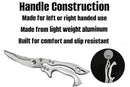The Butcher BBQ 4" Stainless Steel Poultry Shears feature a durable stainless handle. The image highlights the shears' ergonomic, slip-resistant design, suitable for ambidextrous use. An inset shows the shears partially open.