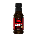 A Chicken Fried BBQ Brisket Wrap bottle from Chicken Fried BBQ features a red and black label, black cap, and sits on a plain white background, showcasing its original championship flavor made for brisket bark development.