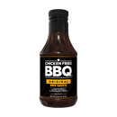 A bottle of Chicken Fried BBQ Original BBQ Sauce by Chicken Fried BBQ, featuring a black label with yellow accents and white text, stands upright on a plain white background, highlighting its versatility for any occasion.