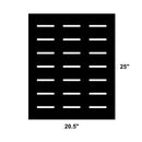 The DDR Fab Custom Charcoal/Wood Firebox Grate (25" l x 20.5" w) is a black rectangular sheet with five rows of horizontal slots, designed for fireboxes to securely hold charcoal or wood.