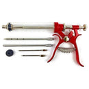 The DDR BBQ Gourmet Pistol Grip Meat Marinade Injector with Case from DDR BBQ Supply features a red-handled syringe, four metal needles, a black rubber stopper, and a metal spring for easy, precise marinating.