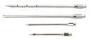 Four stainless steel needles from the DDR BBQ Gourmet Pistol Grip Meat Marinade Injector by DDR BBQ Supply are displayed horizontally, each with unique handles and tip perforations, designed for precise meat marinating.