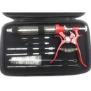 The DDR BBQ Gourmet Pistol Grip Meat Marinade Injector by DDR BBQ Supply comes with spare needles, cleaning brushes, and accessories, all organized in a black zippered case.