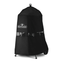 A Napoleon Grills NK18 Charcoal Grill Cover (61914) in black is fitted over a tall patio heater, with the cover’s mesh section partially revealing the frame. The premium cover features a top handle and fits snugly around the heater.