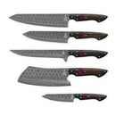 The Folded Steel Dahlia 5-Piece Knife Set features AUS10 Damascus steel blades with dark wood handles and red accents, elegantly arranged in a row against a white background—a striking choice for any chef.