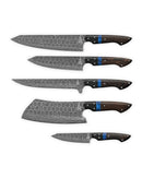 The Folded Steel Dahlia 5-Piece Knife Set features AUS10 stainless Damascus steel blades with patterned finishes, dark wooden handles, and blue accents. This professional set is arranged in a row from largest to smallest knife.