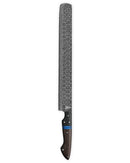 The Folded Steel Dahlia BBQ Slicer Brisket Knife features a long AUS10 stainless Damascus steel blade with intricate patterns, a dark wood handle with a blue stripe and silver rivets—designed for precision in competition BBQ.