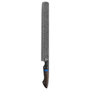 The Folded Steel Dahlia BBQ Slicer Brisket Knife features AUS10 stainless Damascus steel, a dark wooden handle with silver rivets and a blue accent—ideal for competition BBQ enthusiasts seeking the perfect brisket knife.