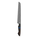 The Folded Steel Dahlia Bread Knife, featuring an AUS10 stainless Damascus steel serrated blade, dark wooden handle with a blue accent, and visible rivets, is displayed on a white background.