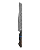 The Folded Steel Dahlia Bread Knife features an AUS10 stainless Damascus steel blade and a dark wooden handle with a blue accent and metal rivets, displayed on a white background.