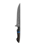 The Folded Steel Dahlia Carving Knife features an AUS10 Stainless Damascus steel patterned blade and a dark wooden handle with a blue accent and metal rivets, ideal for slicing brisket, shown on a white background.