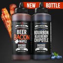 Elijah's Xtreme 2-Pack BBQ Sauce Bundle—Beer Bacon Maple and Bourbon Blueberry Chipotle sauces. NEW BOTTLE label above, with bacon strips on the left, blueberries on the right. Perfect for fans of sweet, smoky BBQ flavor.