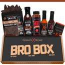The Elijah's Xtreme BBQ Bro Box Ultimate Gift Set includes beef jerky, hot sauces, BBQ sauce, hot honey, and a seasoning shaker, all shown in front of the branded box.
