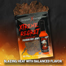 A pack of Elijah’s Xtreme Beef Jerky Bulk Trio - 3 Flavors sits beside a matching hot sauce, surrounded by flames. Text below says, “Blazing heat with balanced flavor.”.
