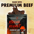 A package of Elijah’s Xtreme Beef Jerky Bulk Trio - 3 Flavors sits on a light wood background with jerky pieces visible. Text above reads MADE WITH PREMIUM BEEF—perfect for any premium beef jerky lover. Brand: Elijah's Xtreme.