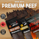 Elijah’s Xtreme Beef Jerky Trio Pack - 3 Flavors is displayed with jerky pieces in the background. Text states Made with Premium Beef, plus icons for Texas origin and high protein.