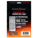 Elijah's Xtreme Beef Jerky Trio Pack comes in a bold black and red bag, featuring “16g protein per serving,” “No preservatives,” “No MSG added,” nutrition facts, and a Made in USA symbol. Brand: Elijah's Xtreme. Includes 3 spicy flavors.
