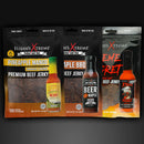 Three packs of Elijah’s Xtreme Beef Jerky Trio Pack - 3 Flavors are shown, featuring Pineapple Mango, Pineapple BBQ, and Extreme Regret—each packaged with a matching hot sauce or marinade from Elijah's Xtreme.