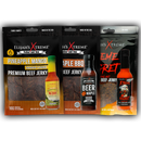 Elijah’s Xtreme Beef Jerky Trio Pack - 3 Flavors is shown with two small bottles of Elijah's Xtreme hot sauce: Beer Maple and Xtreme Regret.