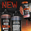 Three bottles of Elijah's Xtreme Beer Bacon Maple BBQ Sauce are shown, one being poured. Red sauce spells NEW at the top. Labels feature the Elijah's Xtreme brand name.