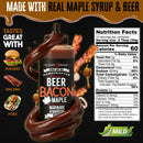 Elijah’s Xtreme Beer Bacon Maple BBQ Sauce, labeled Mild, is shown with swirling sauce, bacon, and flames. Text highlights real maple syrup and beer, nutrition facts, and its versatility as a dipping glaze for burgers, ribs, or pork.