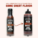 Two Elijah’s Xtreme Beer Bacon Maple BBQ Sauce bottles appear side by side—OLD (left) and the larger NEW (right). Above them, red text reads: Same Great Flavor.