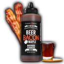 A bottle of Elijah's Xtreme Beer Bacon Maple BBQ Sauce by Elijah's Xtreme, served with bacon and maple syrup—this smoky sauce is perfect as a versatile dipping glaze or marinade for any grilled dish.
