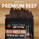 An open pack of Elijah's Xtreme Beer Maple BBQ Beef Jerky shows dark, savory pieces spilling out. “MADE WITH PREMIUM BEEF” is displayed above—making this Elijah’s Xtreme snack a perfect high-protein choice for any occasion.
