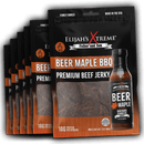 Five packs of Elijah's Xtreme Beer Maple BBQ Beef Jerky, a high-protein snack, are shown with a bottle of Beer Maple marinade & BBQ sauce—all from Elijah's Xtreme—featuring sleek black packaging with orange and white accents.