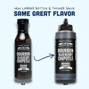 Two bottles of Elijah's Xtreme Bourbon Blueberry Chipotle BBQ Sauce are shown: the old, smaller glass bottle on the left, and the new, larger plastic squeeze bottle on the right—both from Elijah's Xtreme.