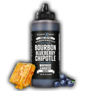 Elijah's Xtreme Bourbon Blueberry Chipotle BBQ Sauce is shown with honeycomb and fresh blueberries, showcasing its handcrafted blend of bourbon and blueberry chipotle flavors from Elijah's Xtreme.