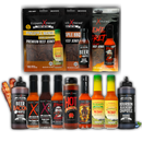 The Elijah's Xtreme Entire Collection 12 Pack Variety Bundle features premium beef jerky, barbecue sauces, hot sauces, and condiments with flavors like pineapple mango, beer maple, hot honey, and blueberry chipotle—all arranged with colorful labels.