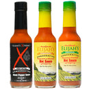 Elijah's Xtreme Mild & Hot Trio Hot Sauce Bundle includes three 5 fl oz bottles—Xtreme Ghost Pepper, Habanero Pineapple-Mango, and Original Roasted Pepper—for a flavorful mix of both mild and hot sauces.