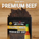 A package of Elijah's Xtreme Pineapple-Mango Habanero Beef Jerky from Elijah's Xtreme rests on a wooden surface, with the text "Made with Premium Beef" displayed above.