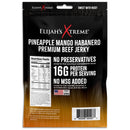 The front of a black and orange Elijah's Xtreme Pineapple-Mango Habanero Beef Jerky package. This spicy jerky from Elijah’s Xtreme has no preservatives, 16g protein per serving, no MSG added, and is made in the USA.